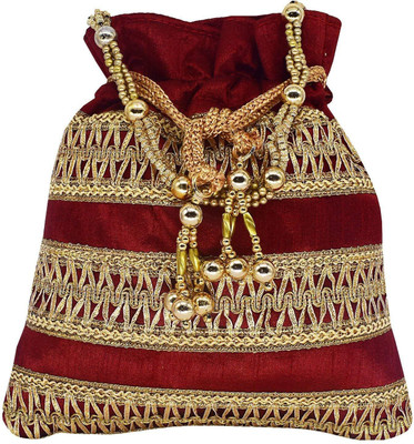 

Bagaholics Ethnic Clutch Silk Potli Batwa Pouch Bag with Metal Bead work Wedding Gift For Women Potli(Maroon)