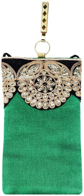 

Bagaholics Ethnic Raw Silk Embroidery Saree Clutch Mobile Pouch with Waist Clip Ladies Purse Gift For Women Mobile Pouch(Green)