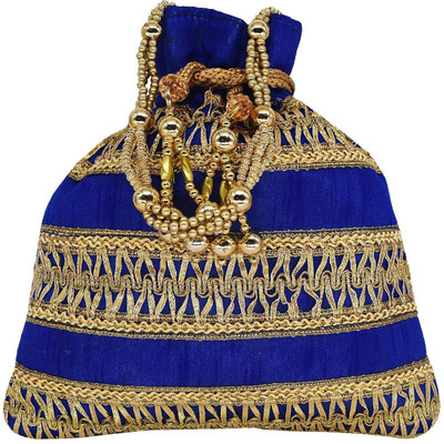 

Bagaholics Ethnic Clutch Silk Potli Batwa Pouch Bag with Metal Bead work Wedding Gift For Women Potli(Blue)