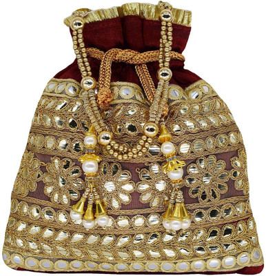 

Bagaholics Ethnic Clutch Silk Potli Batwa Pouch Bag with Metal Bead and Mirror work Gift For Women Potli(Maroon)