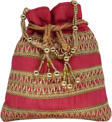 

Bagaholics Ethnic Clutch Silk Potli Batwa Pouch Bag with Metal Bead work Wedding Gift For Women Potli(Pink)