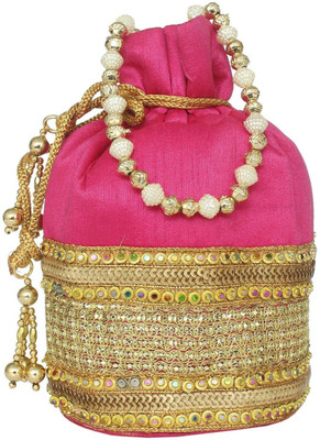 

Bagaholics Ethnic Silk Potli Clutch Batwa Pouch Bag with Metal Beadwork Potli(Pink)