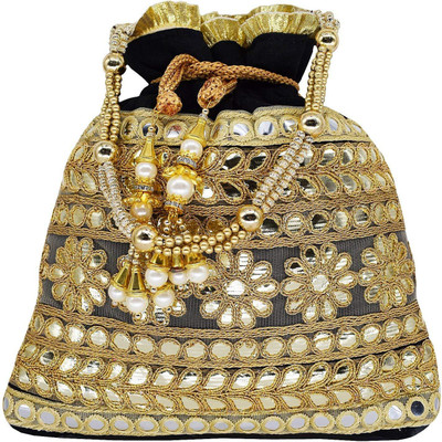 

Bagaholics Ethnic Clutch Silk Potli Batwa Pouch Bag with Metal Bead and Mirror work Gift For Women Potli(Black)