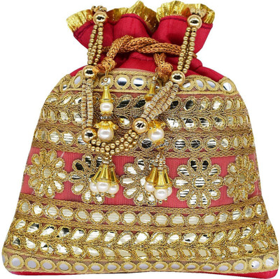 

Bagaholics Ethnic Clutch Silk Potli Batwa Pouch Bag with Metal Bead and Mirror work Gift For Women Potli(Pink)
