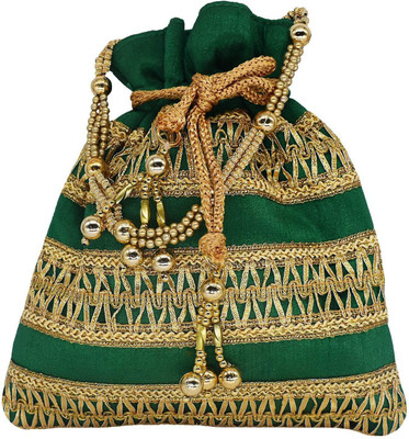 

Bagaholics Ethnic Clutch Silk Potli Batwa Pouch Bag with Metal Bead work Wedding Gift For Women Potli(Green)