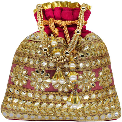 

Bagaholics Ethnic Clutch Silk Potli Batwa Pouch Bag with Metal Bead and Mirror work Gift For Women Potli(Multicolor)