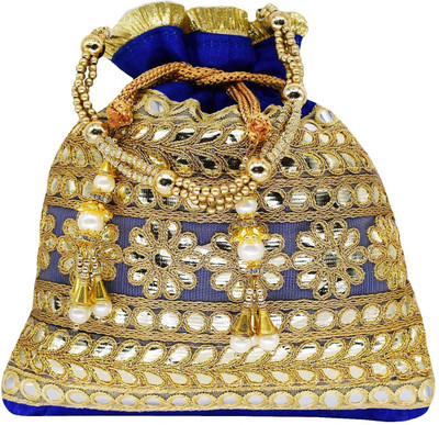 

Bagaholics Ethnic Clutch Silk Potli Batwa Pouch Bag with Metal Bead and Mirror work Gift For Women Potli(Blue)