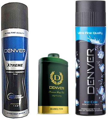 

Denver ICE COLD COLOGNE TALC WITH BACTERIAL ARREST FORMULA & UV RADIATION PROTECTION 300 GM+HAMILTON PREMIUM BODY TALC 100 GM+XTREME COLOGNE FRESHNESS TALC WITH X2 SWEAT DEFENCE 300 GM(300 g)