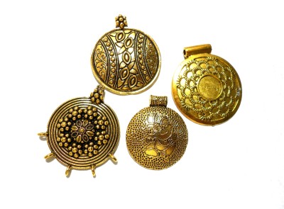 GOELX Antique Golden Designer Moon, Leaf, Peacock & Rectangular Pendants for Necklace Making - Combo of 4 - Style 2