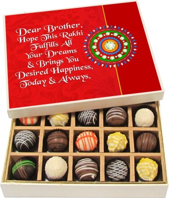 

Chocholik Rakhi Gift Box - Hope this rakhi fulfills all your dreams - Dark, Milk, White Chocolate Truffles - 20pc Truffles(300 g)