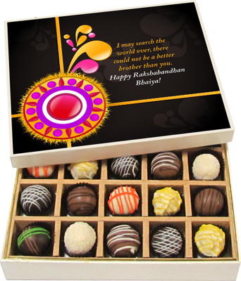 

Chocholik Rakhi Gift Box - I may search the world over - Dark, Milk, White Chocolate Truffles - 20pc Truffles(300 g)