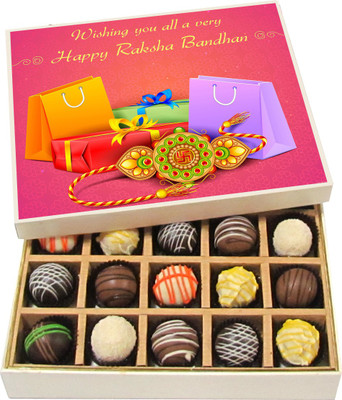 

Chocholik Rakhi Gift Box - wish u all avery happy raksha bandhan - Dark, Milk, White Chocolate Truffles - 20pc Truffles(300 g)