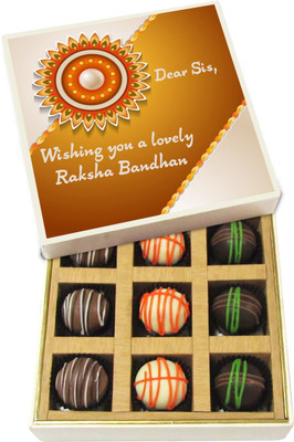 

Chocholik Rakhi Gift Box - Wishing you a lovely Raksha Bandhan - Dark, Milk, White Chocolate Truffles - 9pc Truffles(135 g)