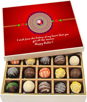 

Chocholik Rakhi Gift Box - I wish from the bottom of my heart - Dark, Milk, White Chocolate Truffles - 20pc Truffles(300 g)