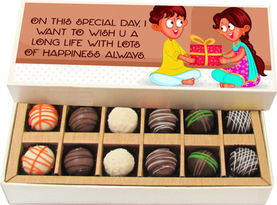 

Chocholik Rakhi Gift Box - On this special day - Dark, Milk, White Chocolate Truffles - 12pc Truffles(180 g)