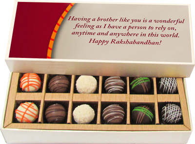 

Chocholik Rakhi Gift Box - Having a brother like you - Dark, Milk, White Chocolate Truffles - 12pc Truffles(180 g)