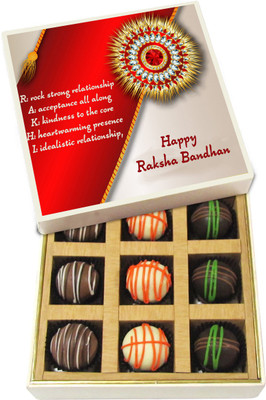 

Chocholik Rakhi Gift Box - R: rock strong relationship - Dark, Milk, White Chocolate Truffles - 9pc Truffles(135 g)