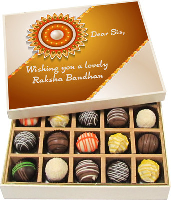 

Chocholik Rakhi Gift Box - Wishing you a lovely Raksha Bandhan - Dark, Milk, White Chocolate Truffles - 20pc Truffles(300 g)
