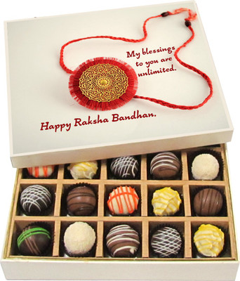 

Chocholik Rakhi Gift Box - My blessings to you are unlimited - Dark, Milk, White Chocolate Truffles - 20pc Truffles(300 g)