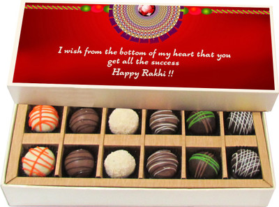 

Chocholik Rakhi Gift Box - I wish from the bottom of my heart - Dark, Milk, White Chocolate Truffles - 12pc Truffles(180 g)