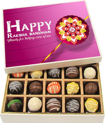 

Chocholik Rakhi Gift Box - Thanks for taking care of me - Dark, Milk, White Chocolate Truffles - 20pc Truffles(300 g)