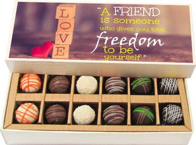 

Chocholik Friendship Gift A Friend Is Someone Who Gives You Total Freedom - Dark, Milk, White Chocolate Truffles -12pc Truffles(180 g)