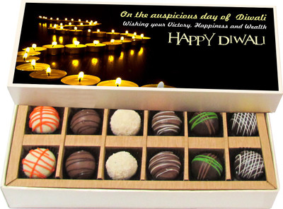 

Chocholik Diwali Gifts - Wishing Your Victory, Happiness and Wealth Happy Diwali - Dark, Milk, White Chocolate Truffles - 12pc Truffles(180 g)