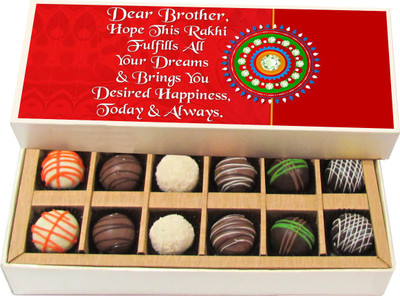 

Chocholik Rakhi Gift Box - Hope this rakhi fulfills all your dreams - Dark, Milk, White Chocolate Truffles - 12pc Truffles(180 g)