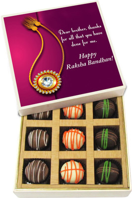 

Chocholik Rakhi Gift Box - Thanks for all that you have done for me - Dark, Milk, White Chocolate Truffles - 9pc Truffles(135 g)