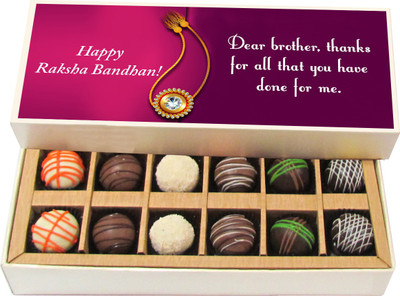 

Chocholik Rakhi Gift Box - Thanks for all that you have done for me - Dark, Milk, White Chocolate Truffles - 12pc Truffles(180 g)