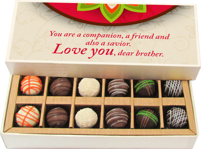 

Chocholik Rakhi Gift Box - you are a companion, a friend - Dark, Milk, White Chocolate Truffles - 12pc Truffles(180 g)