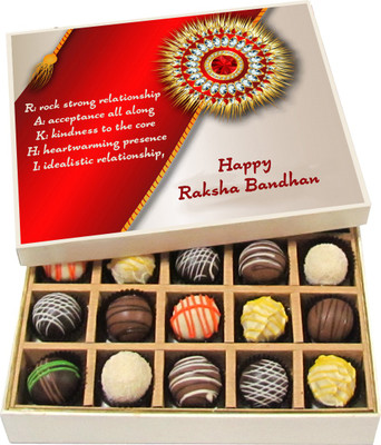 

Chocholik Rakhi Gift Box - R: rock strong relationship - Dark, Milk, White Chocolate Truffles - 20pc Truffles(300 g)
