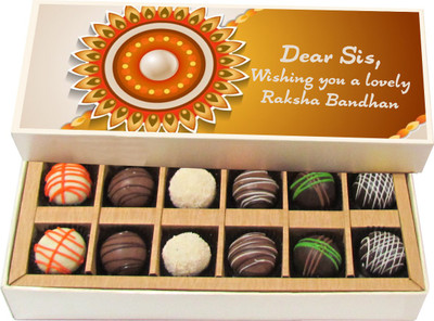 

Chocholik Rakhi Gift Box - Wishing you a lovely Raksha Bandhan - Dark, Milk, White Chocolate Truffles - 12pc Truffles(180 g)