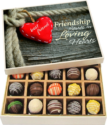 

Chocholik Friendship Gift Friendship Starts in Loving Hearts - Dark, Milk, White Chocolate Truffles -20pc Truffles(300 g)