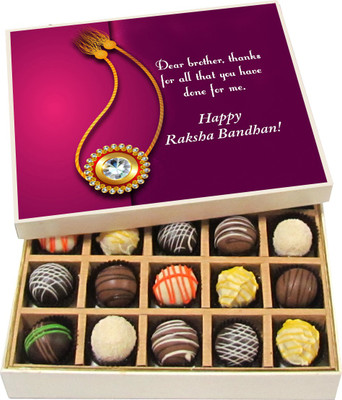 

Chocholik Rakhi Gift Box - Thanks for all that you have done for me - Dark, Milk, White Chocolate Truffles - 20pc Truffles(300 g)