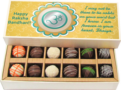 

Chocholik Rakhi Gift Box - I may not be there to tie rakhi - Dark, Milk, White Chocolate Truffles - 12pc Truffles(180 g)