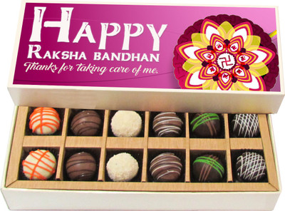 

Chocholik Rakhi Gift Box - Thanks for taking care of me - Dark, Milk, White Chocolate Truffles - 12pc Truffles(180 g)