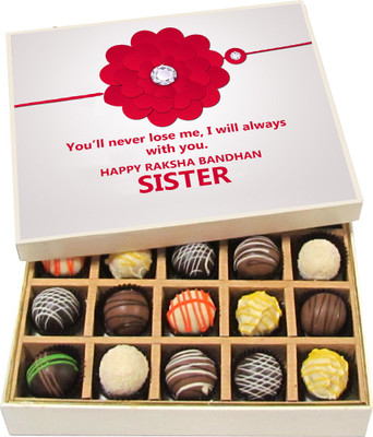 

Chocholik Rakhi Gift Box - You’ll never lose me, I will always with you. - Dark, Milk, White Chocolate Truffles - 20pc Truffles(300 g)