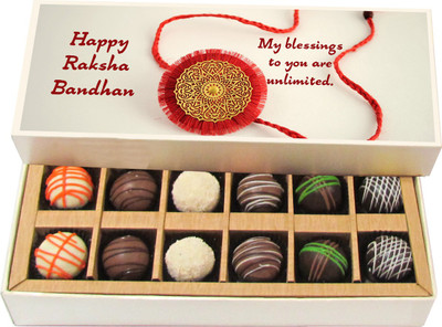 

Chocholik Rakhi Gift Box - My blessings to you are unlimited - Dark, Milk, White Chocolate Truffles - 12pc Truffles(180 g)