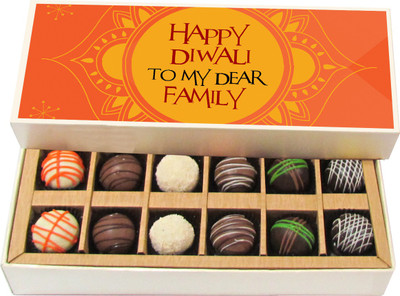

Chocholik Diwali Sweets - Happy Diwali to My Dear Family - Dark, Milk, White Chocolate Truffles - 12pc Truffles(180 g)