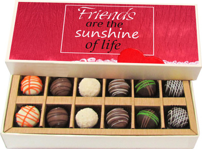 

Chocholik Friendship Gift Friends Are the Sunshine of Life - Dark, Milk, White Chocolate Truffles -12pc Truffles(180 g)