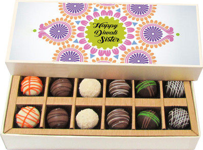 

Chocholik Diwali Gifts - Happy Diwali Sister - Dark, Milk, White Chocolate Truffles - 12pc Truffles(180 g)
