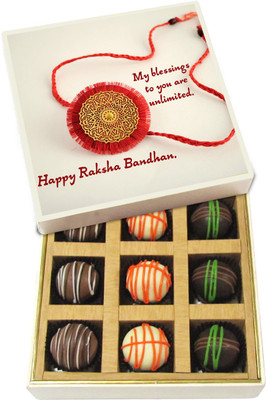 

Chocholik Rakhi Gift Box - My blessings to you are unlimited - Dark, Milk, White Chocolate Truffles - 9pc Truffles(135 g)