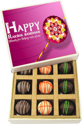 

Chocholik Rakhi Gift Box - Thanks for taking care of me - Dark, Milk, White Chocolate Truffles - 9pc Truffles(135 g)
