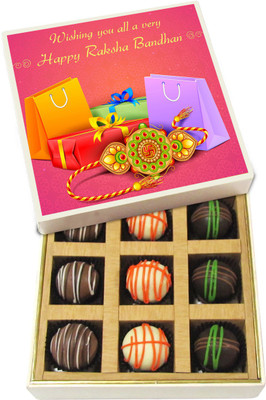 

Chocholik Rakhi Gift Box - wish u all avery happy raksha bandhan - Dark, Milk, White Chocolate Truffles - 9pc Truffles(135 g)