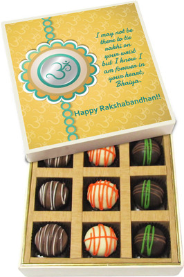 

Chocholik Rakhi Gift Box - I may not be there to tie rakhi - Dark, Milk, White Chocolate Truffles - 9pc Truffles(135 g)