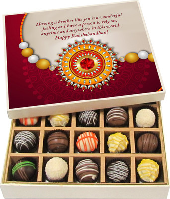 

Chocholik Rakhi Gift Box - Having a brother like you - Dark, Milk, White Chocolate Truffles - 20pc Truffles(300 g)