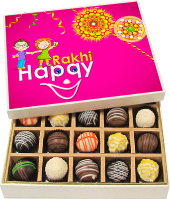

Chocholik Rakhi Gift Box - Happy Rakhi - Dark, Milk, White Chocolate Truffles - 20pc Truffles(300 g)