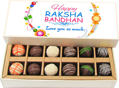 

Chocholik Rakhi Gift Box - Love You So much - Dark, Milk, White Chocolate Truffles - 12pc Truffles(180 g)
