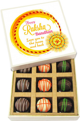 

Chocholik Rakhi Gift Box - Love you to the moon and back - Dark, Milk, White Chocolate Truffles - 9pc Truffles(135 g)